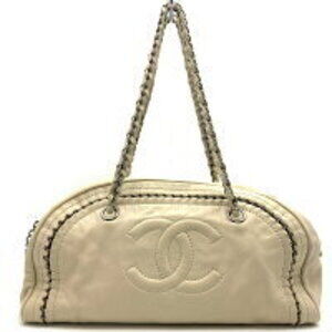 Chanel Chain Boston Bag White Leather Coco Mark Shoulder